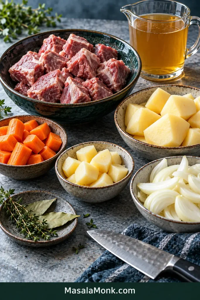 Raw lamb shoulder, peeled potatoes, carrots, sliced onions, thyme, bay leaves and stock arranged as ingredients for Irish stew.