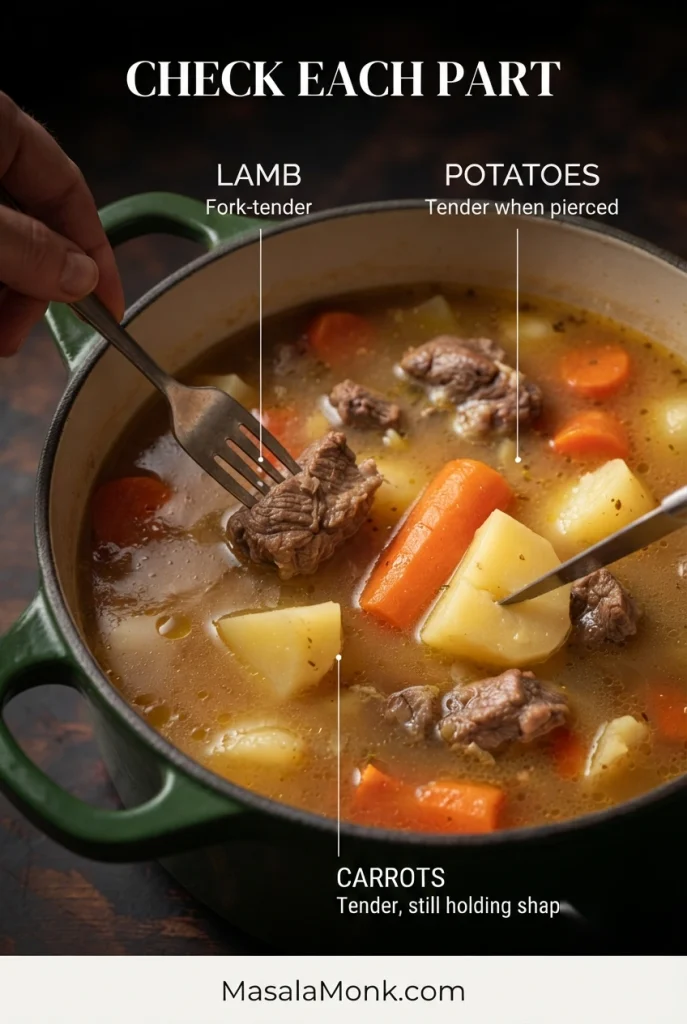 Graphic showing separate doneness checks for lamb with a fork, potato with a knife and carrots for tenderness.