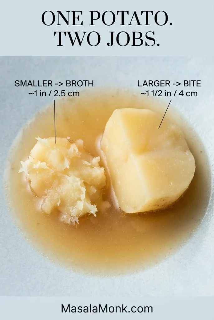 Graphic comparing a smaller potato piece meant to soften into the broth with a larger potato chunk meant to remain intact.