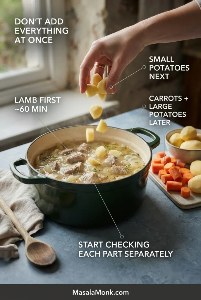 Step graphic showing lamb cooked first, smaller potatoes added next, and carrots with larger potato pieces added later before separate doneness checks.