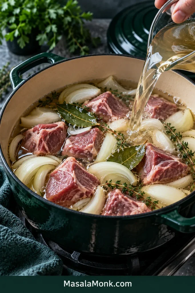 Lamb shoulder pieces and thick onion slices in a Dutch oven as stock is poured in to begin the stew.