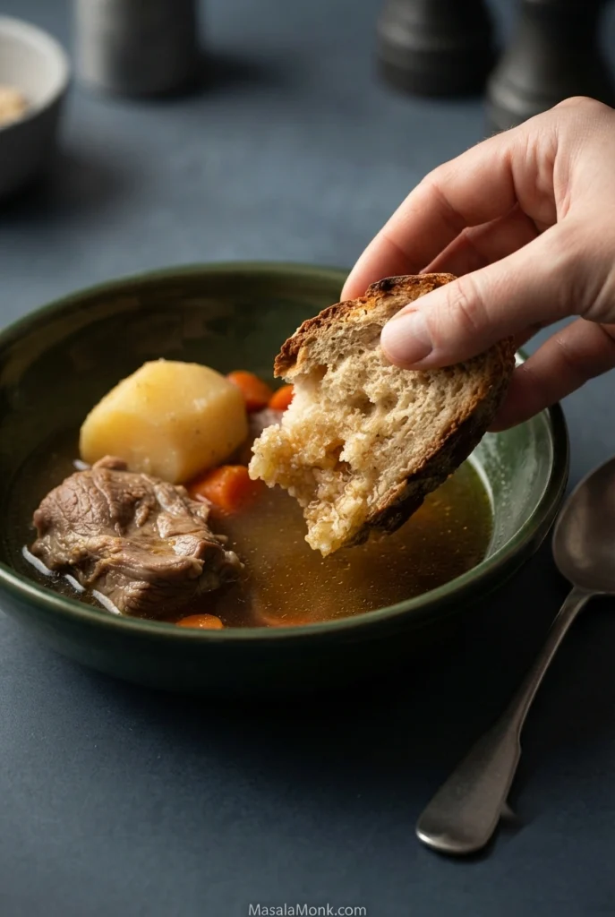 Hand dipping a torn piece of Irish soda bread into a bowl of lamb stew with potatoes and carrots.