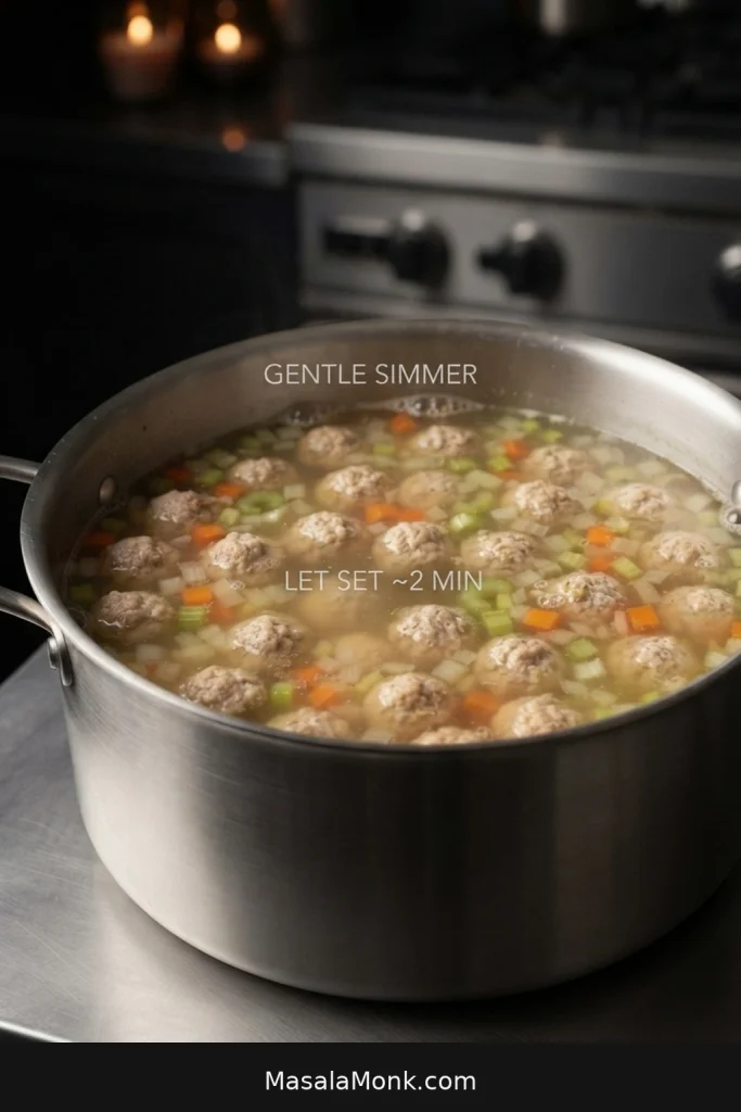 Small meatballs poaching in pale broth with diced carrots and celery at a gentle simmer.