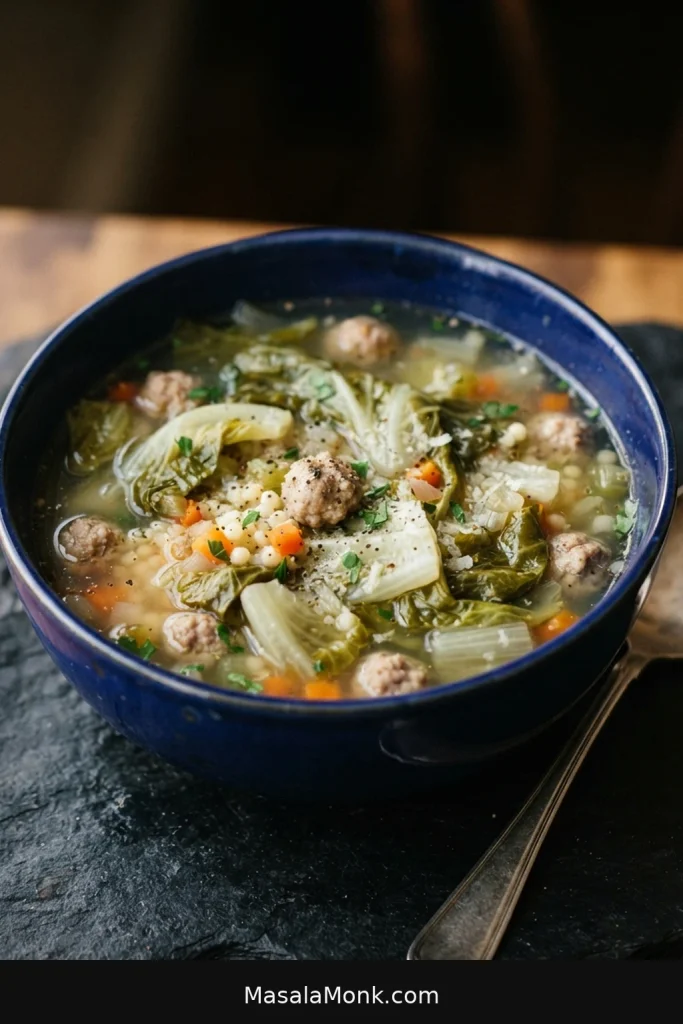 Wilted green escarole in golden broth with small meatballs and diced vegetables.