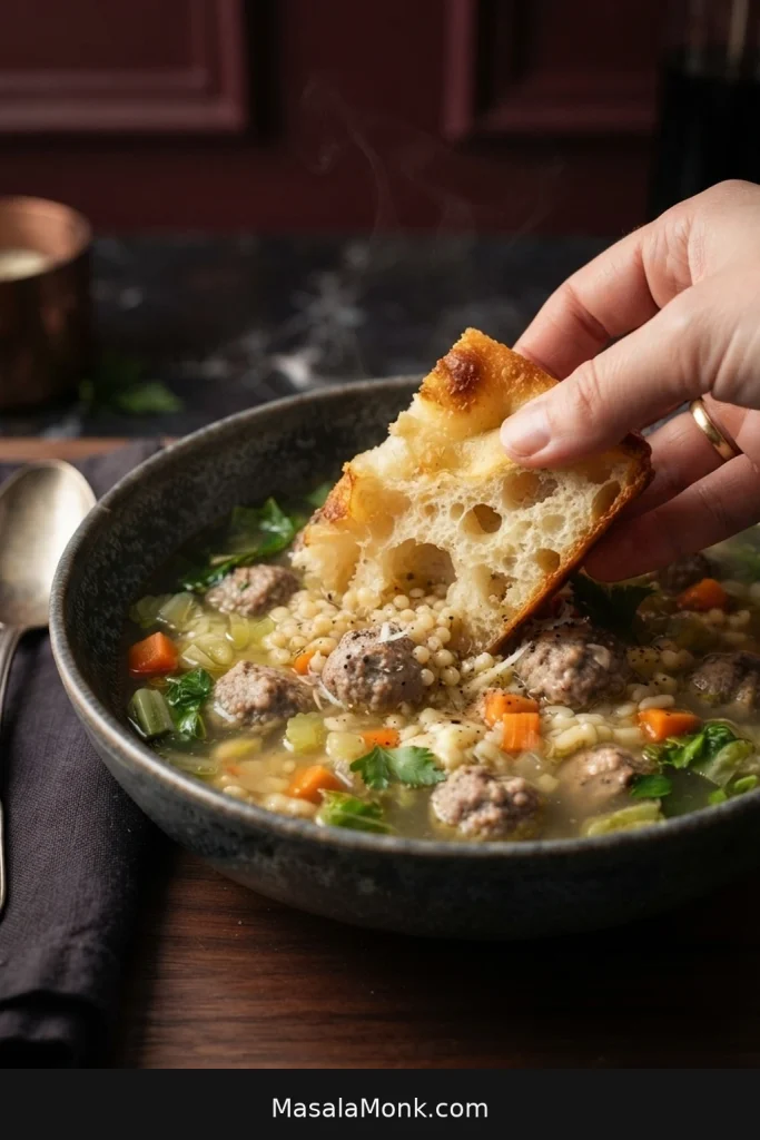 Torn piece of focaccia being dipped into a bowl of Italian wedding soup.