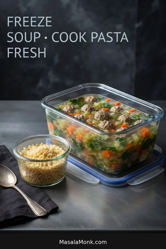 Container of Italian wedding soup stored without pasta, with cooked acini di pepe kept separately.