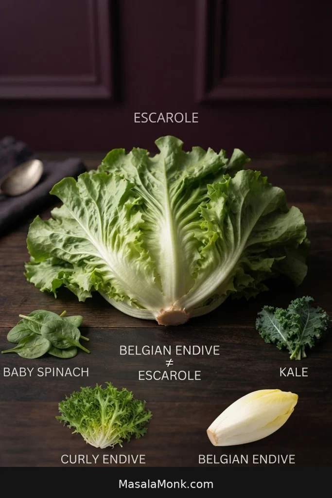 Escarole, baby spinach, curly endive, kale, and Belgian endive arranged and labeled for comparison.