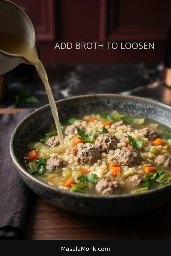 Thick leftover Italian wedding soup being loosened with additional broth poured into the pot.