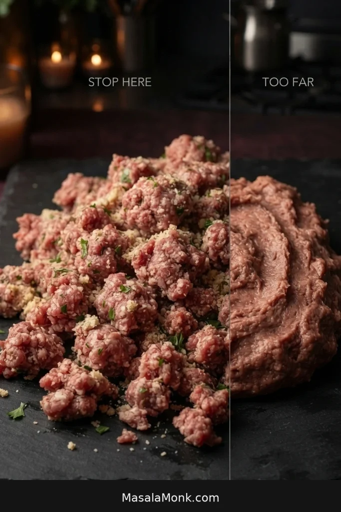 Loose, irregular meatball mixture beside a smoother and more compact overmixed mixture.