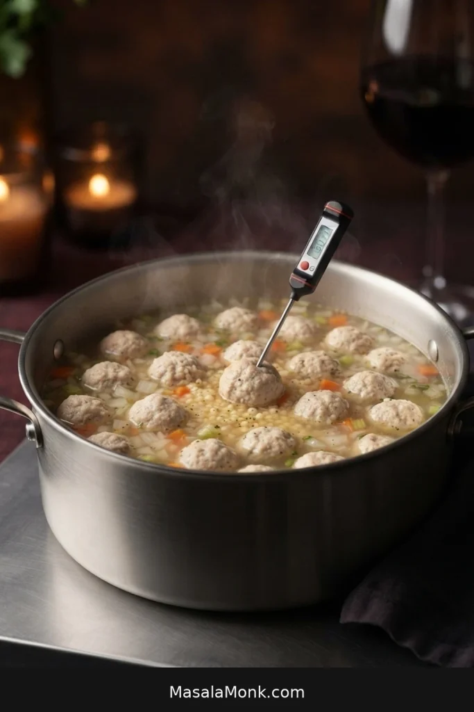 Instant-read thermometer inserted into the center of a small poached meatball in broth.