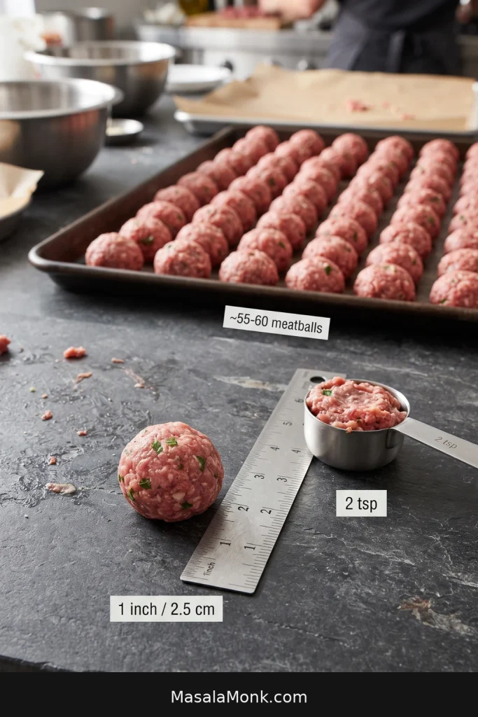 Raw mini meatball beside a ruler and two-teaspoon scoop, with many similarly sized meatballs arranged on a tray.