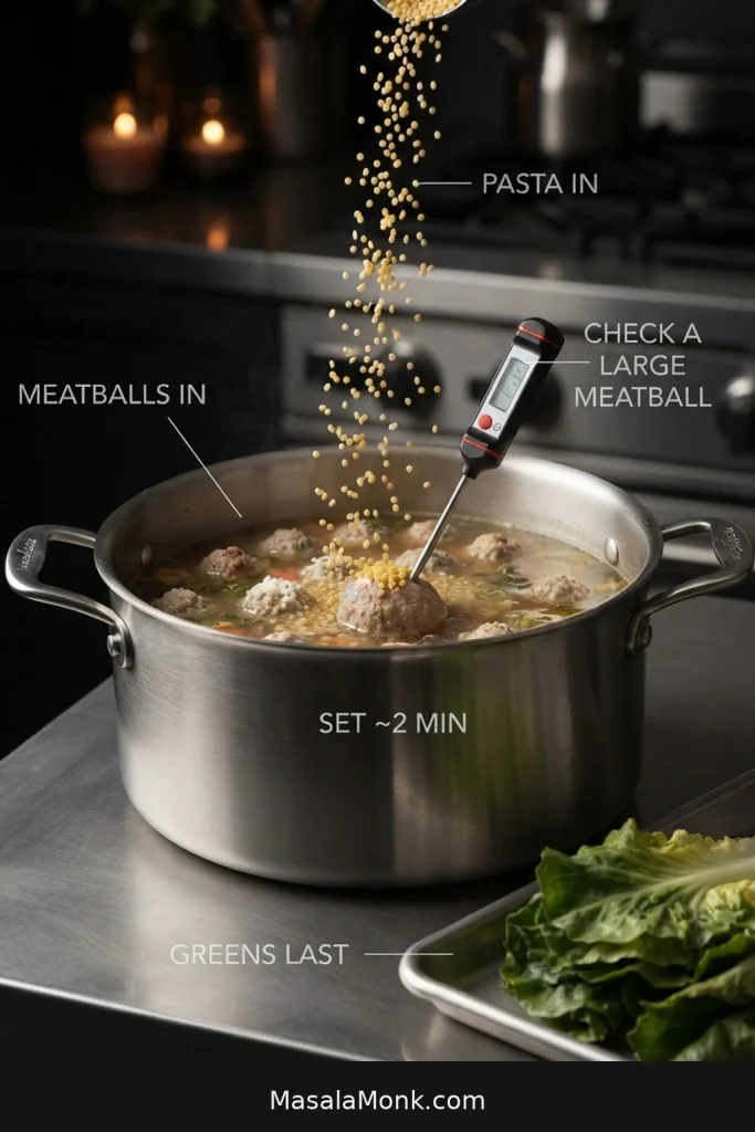 Italian wedding soup cooking sequence showing meatballs, tiny pasta, a thermometer check, and escarole added near the end.