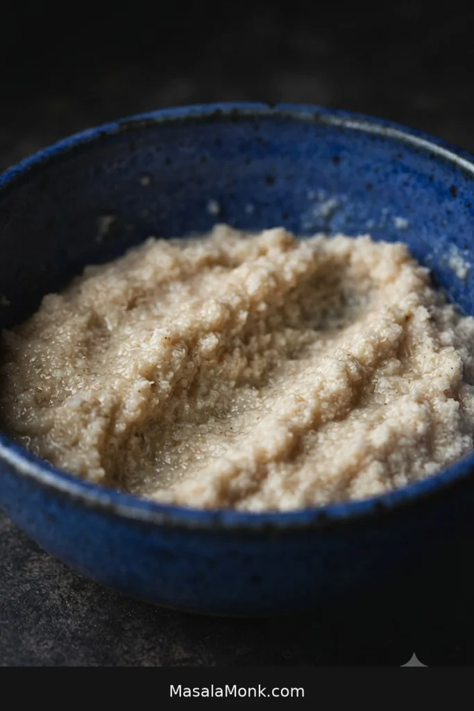 Soft breadcrumb-and-milk panade in a blue bowl with a spoon drawn through the hydrated mixture.