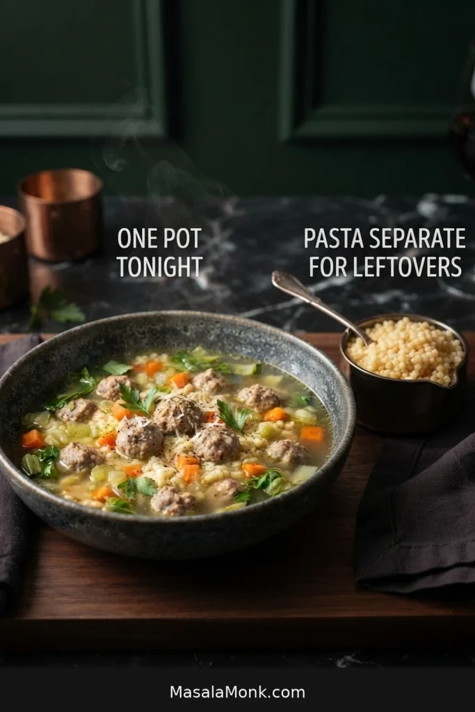 Bowl of Italian wedding soup beside a separate portion of cooked acini di pepe for individual servings.