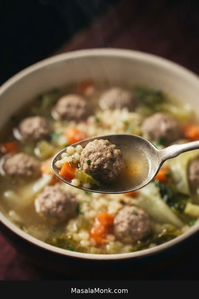 Soup spoon holding one small meatball, acini di pepe, diced vegetables, escarole, and broth.