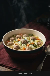 Bowl of Italian wedding soup with small meatballs, tiny pasta, diced carrots and celery, escarole, and light golden broth.