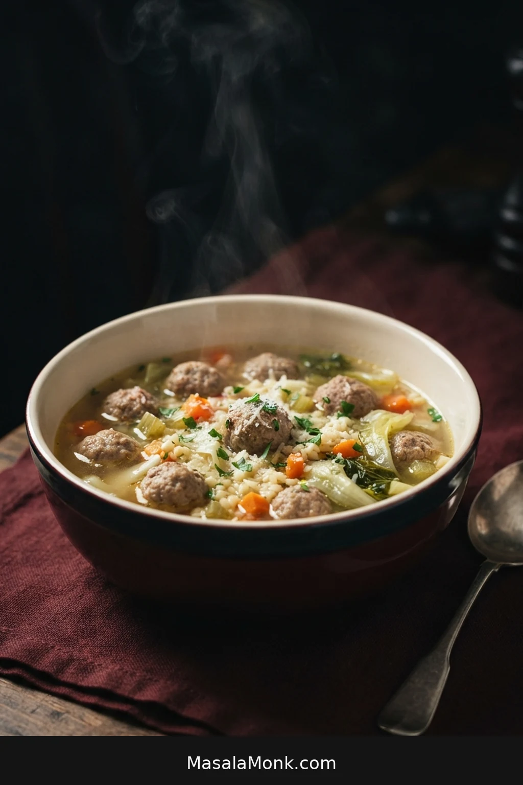 Bowl of Italian wedding soup with small meatballs, tiny pasta, diced carrots and celery, escarole, and light golden broth.