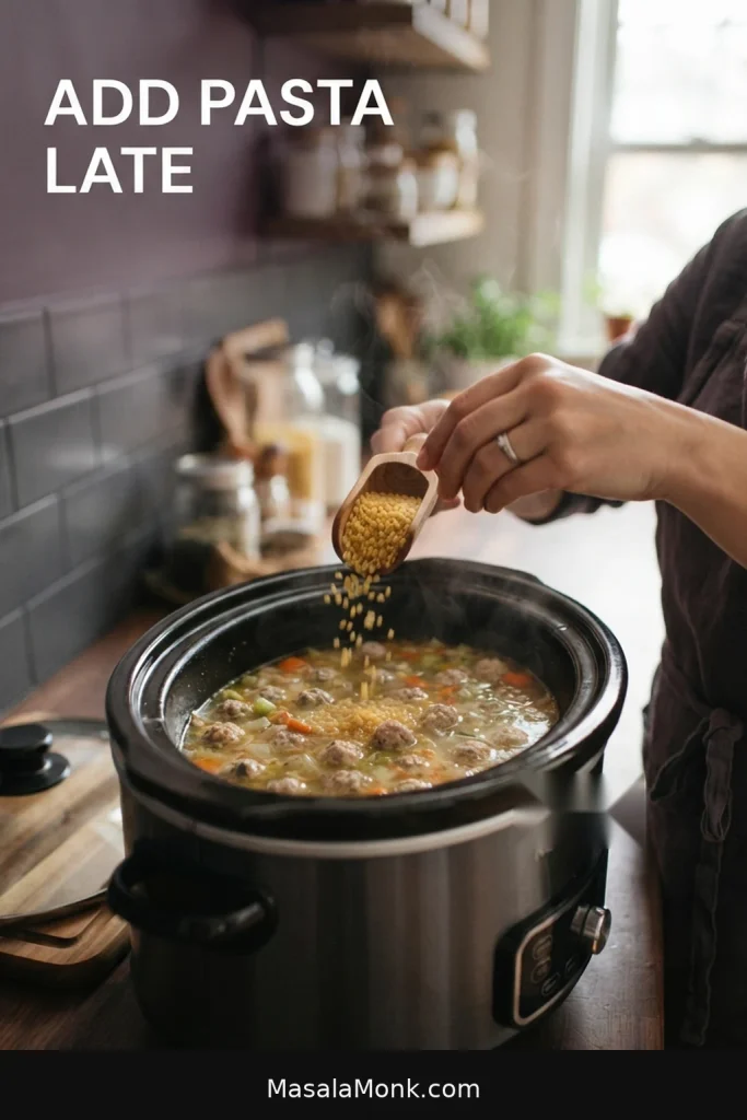 Dry acini di pepe being added near the end of cooking to Italian wedding soup in a slow cooker.