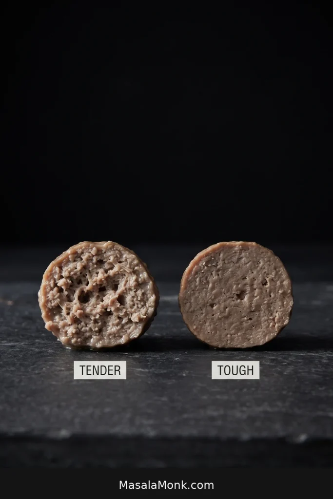 Cut tender meatball with a loose irregular interior beside a denser, smoother meatball labeled tough.