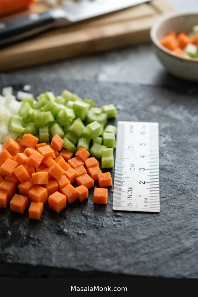 Finely diced carrots, celery, and onion beside a ruler on a dark cutting surface.