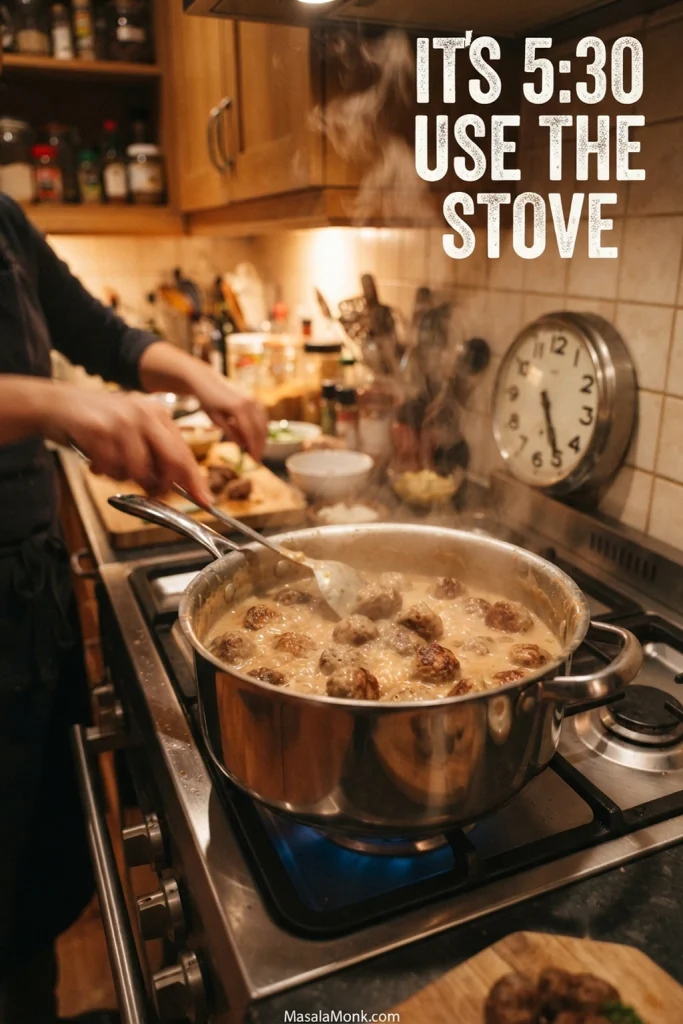 Swedish meatballs simmering in creamy gravy in a saucepan on the stove, with a nearby clock showing about 5:30 and text reading “It’s 5:30. Use the stove.”