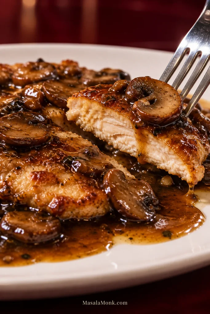 Close-up of a thin sliced Chicken Marsala cutlet showing a moist fully cooked interior, with a browned mushroom and glossy Marsala sauce running over the cut surface.
