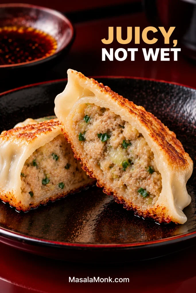 Cut-open cooked gyoza showing moist pale-brown pork filling with finely distributed cabbage and green chive flecks inside a thin wrapper with a golden base.