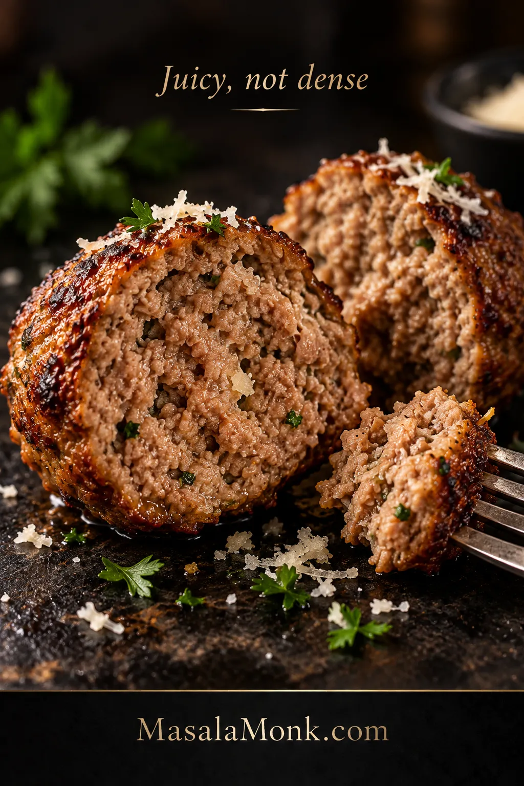 Baked meatball cut open to show a fully cooked, moist, irregular ground-beef crumb, with a fork lifting a tender piece; text reads “Juicy, not dense.”
