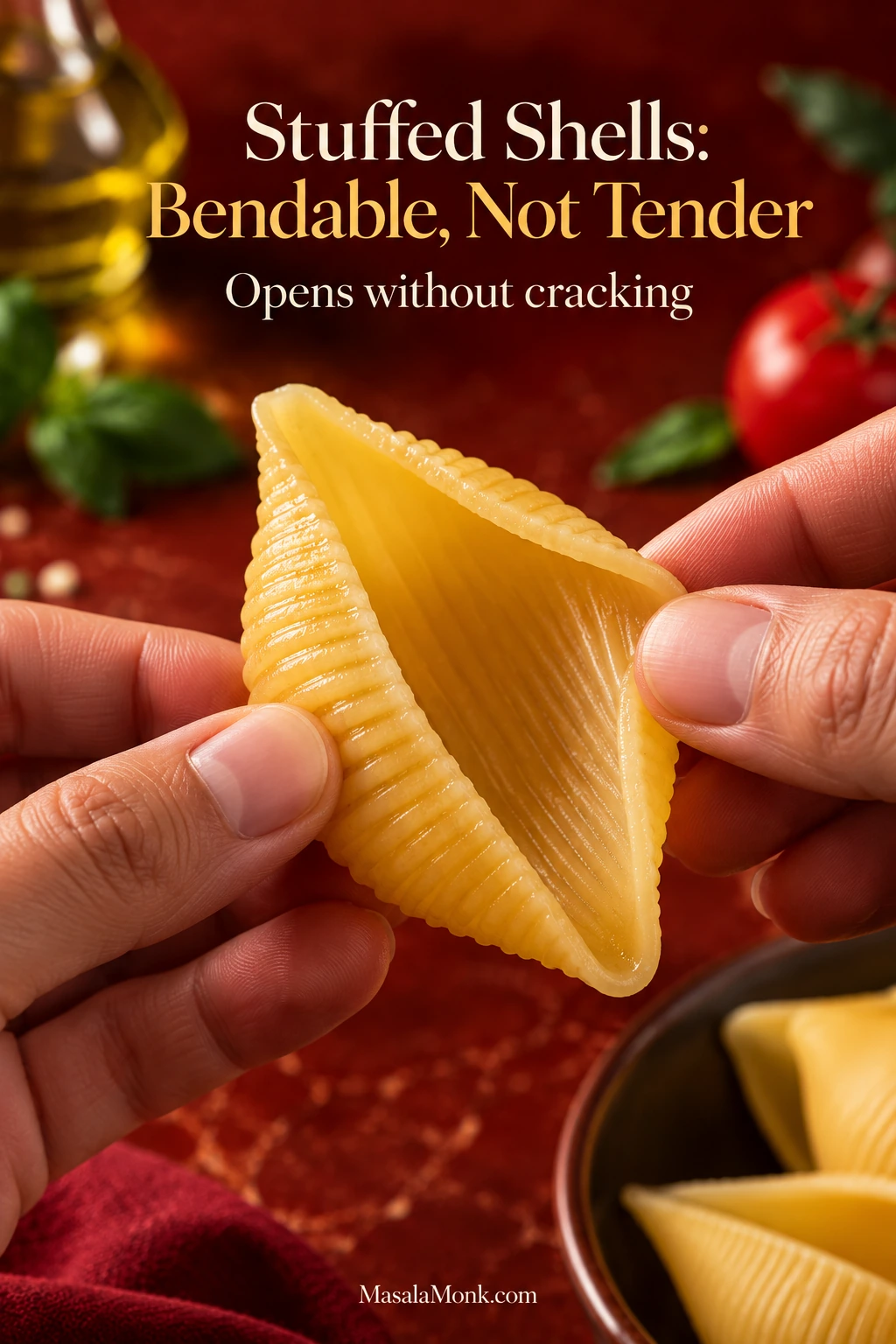 Hands gently opening a cooked jumbo pasta shell to show that it bends without cracking while remaining firm enough to stuff.