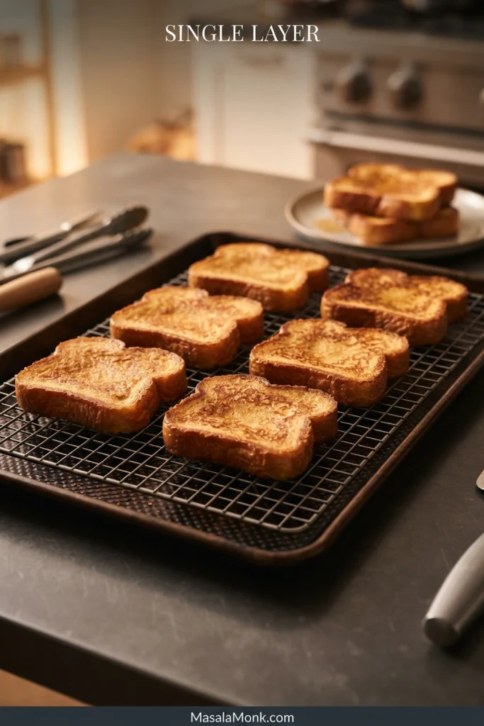 Golden French toast slices sit separately on a wire rack over a baking tray, with stacked slices visible in the background.