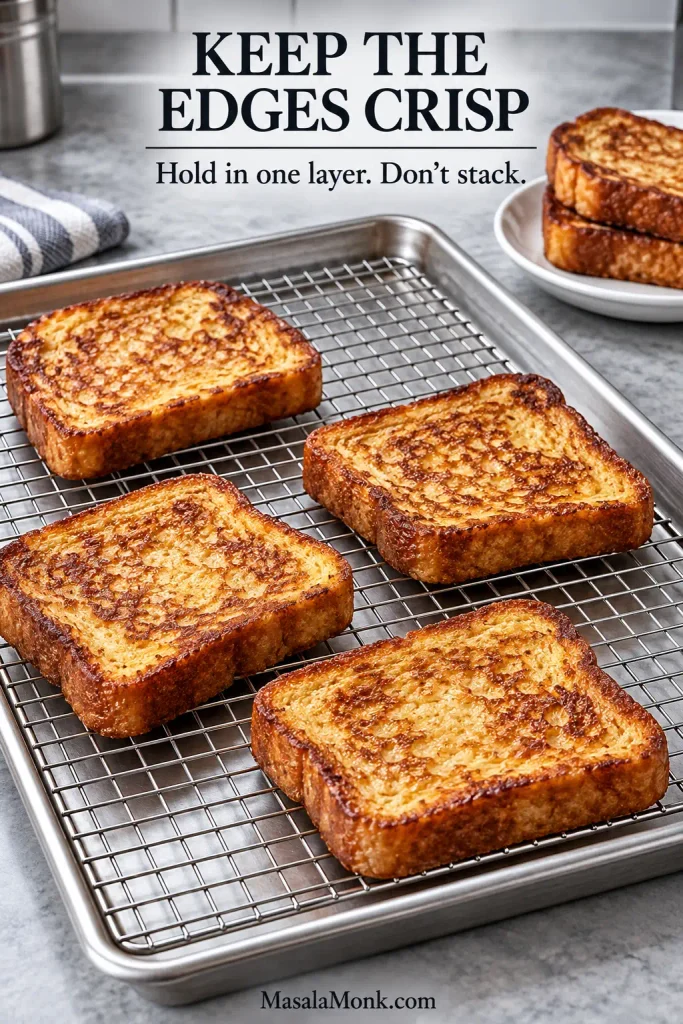 Several golden French toast slices spaced apart on a wire rack over a sheet pan, with a small stack of slices shown in the background.