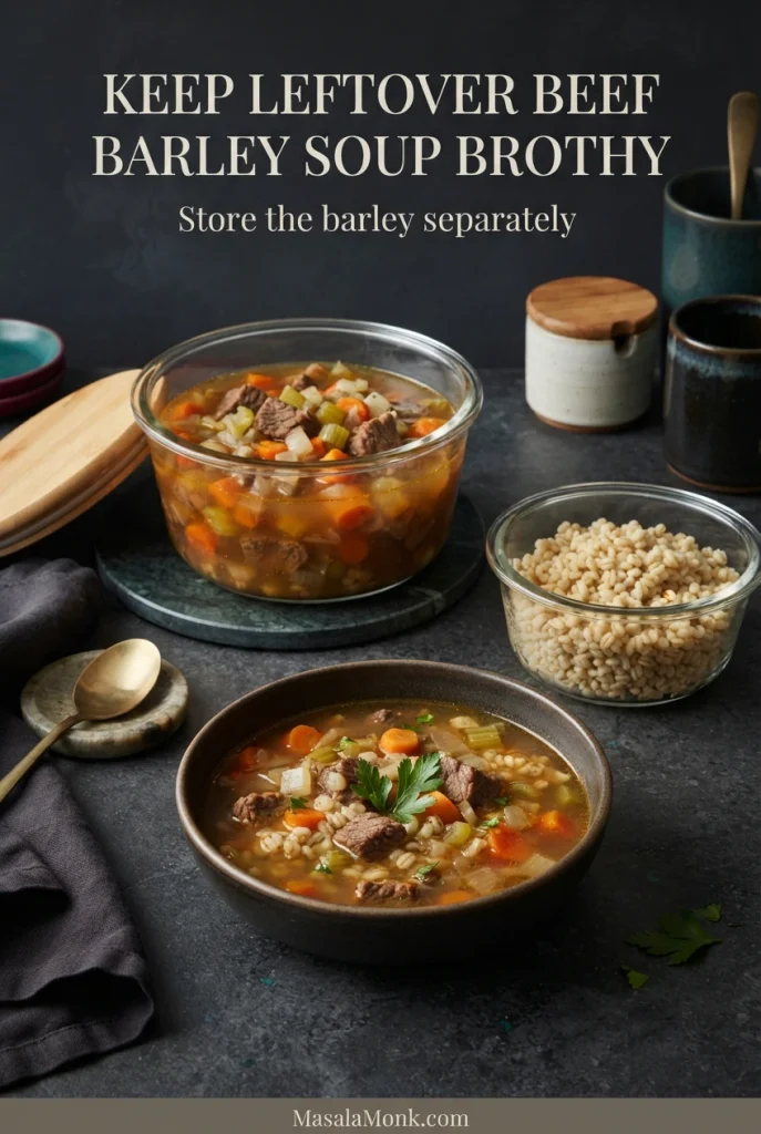 Container of beef and vegetable soup beside a separate bowl of cooked pearl barley, with a finished serving of beef barley soup in front.