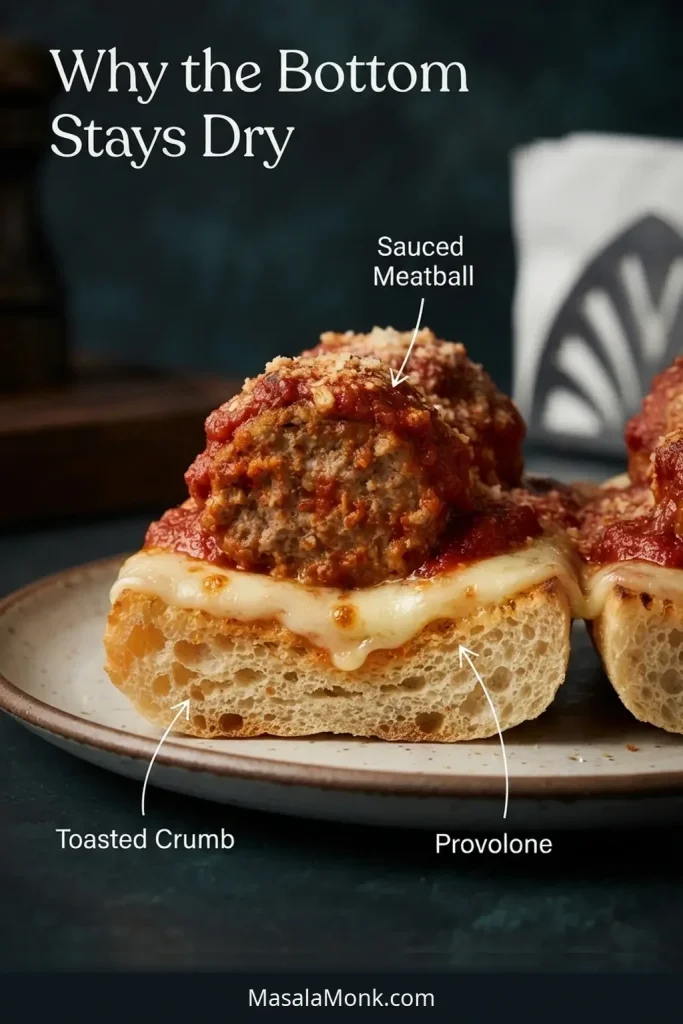 Close cutaway of a meatball sub showing toasted lower bread, a layer of provolone, and a marinara-coated meatball above.