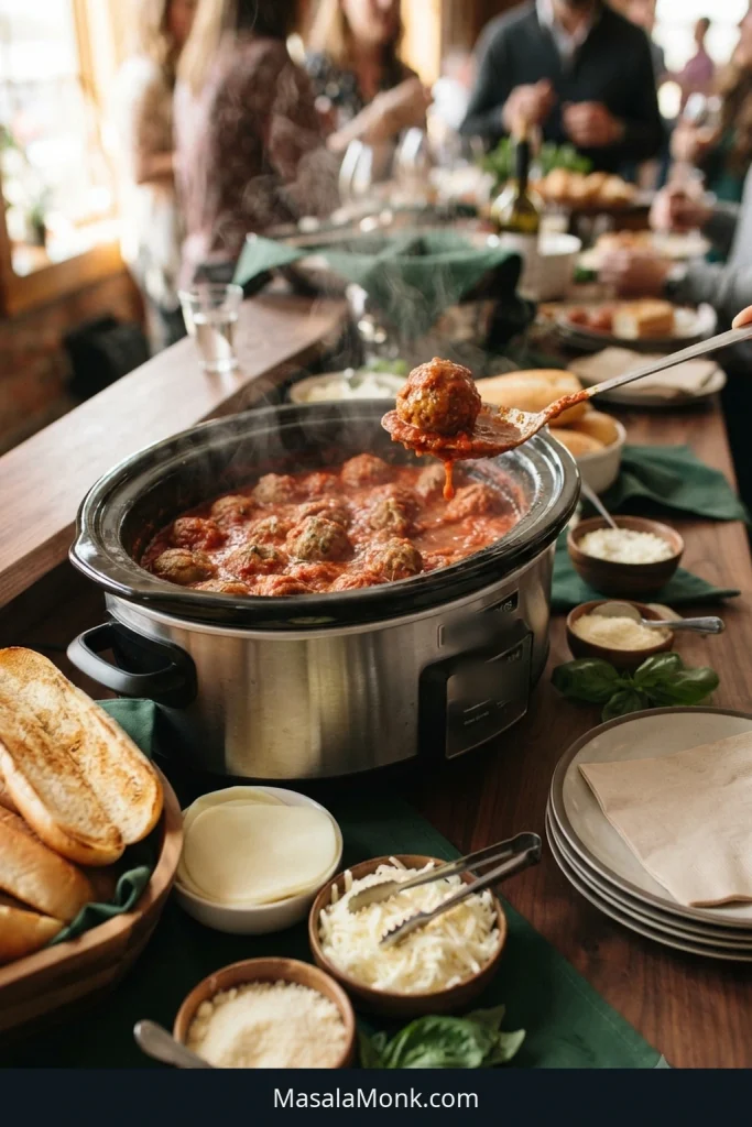 Slow cooker filled with hot meatballs in marinara with serving tongs, with separate hoagie rolls and cheese arranged nearby.