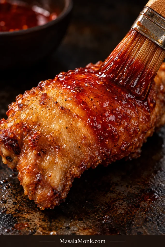 Pastry brush spreading deep red gochujang glaze over part of a freshly fried golden chicken wing.