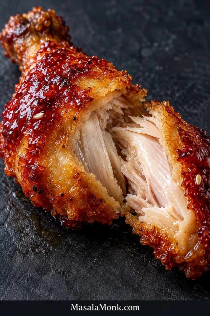 Glazed Korean fried chicken wing broken open to reveal moist cooked chicken beneath a thin golden crust.