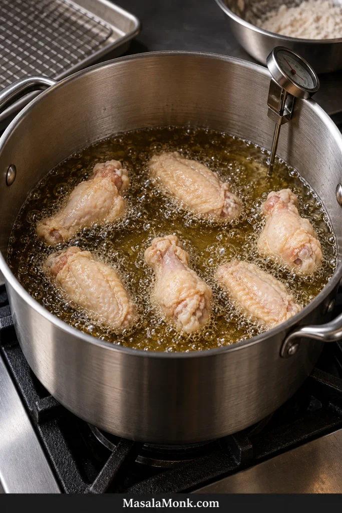 Six battered chicken wing pieces frying with space between them in a deep pot beside a clip-on oil thermometer.