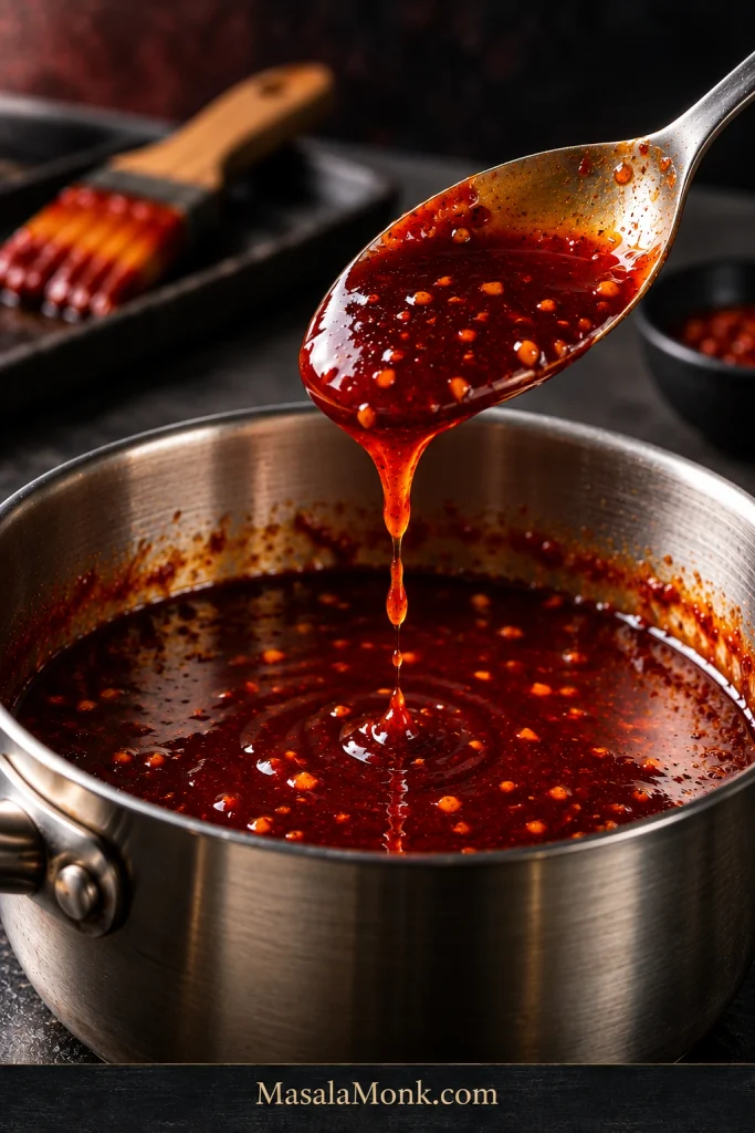 Metal spoon coated with glossy deep red gochujang glaze dripping into a stainless-steel saucepan.