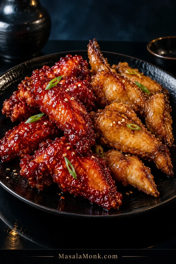 Korean fried chicken with deep ruby gochujang glaze beside wings coated in lighter amber soy-garlic glaze.