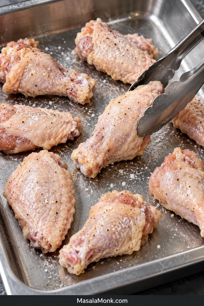 Raw split chicken wings with a very light potato-starch dusting in a stainless-steel tray, with most skin still visible.