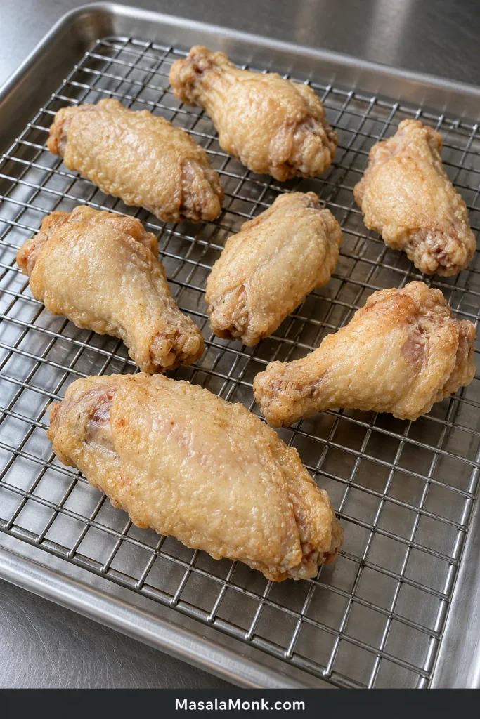 Pale blond first-fried chicken wings resting unsauced on a wire rack over a stainless-steel tray.