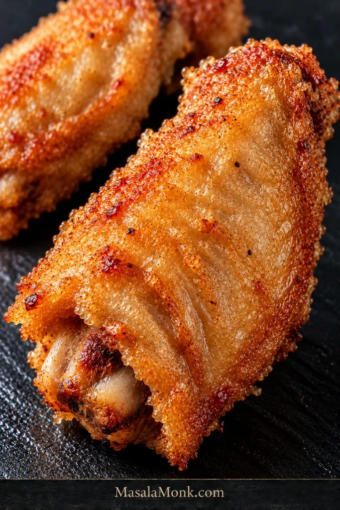 Close-up of an unsauced golden chicken wing with a thin potato-starch crust and fine glassy microblisters.