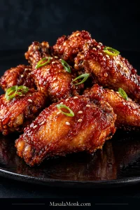 Korean fried chicken flats and drumettes with golden crisp edges, deep red gochujang glaze, sesame seeds and scallions on a dark plate.