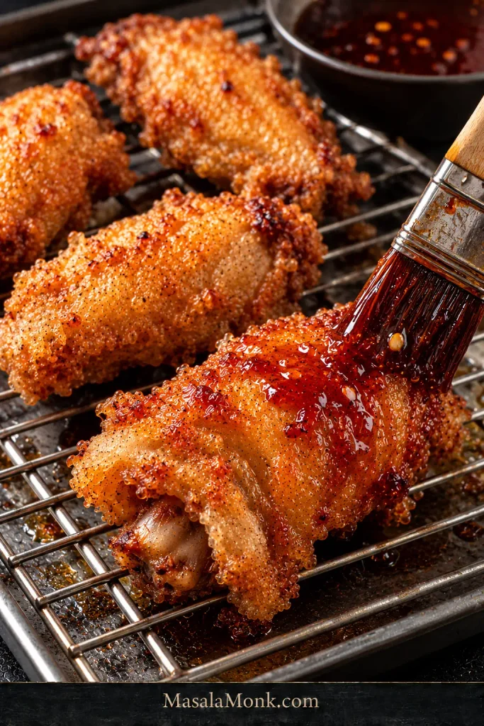 Reheated golden chicken wings on a wire rack while a pastry brush applies red glaze to one foreground wing.