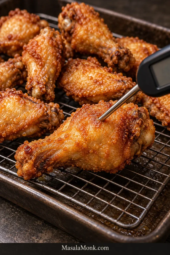 Golden second-fried chicken wings with an instant-read thermometer inserted into the thick meaty part of one wing.