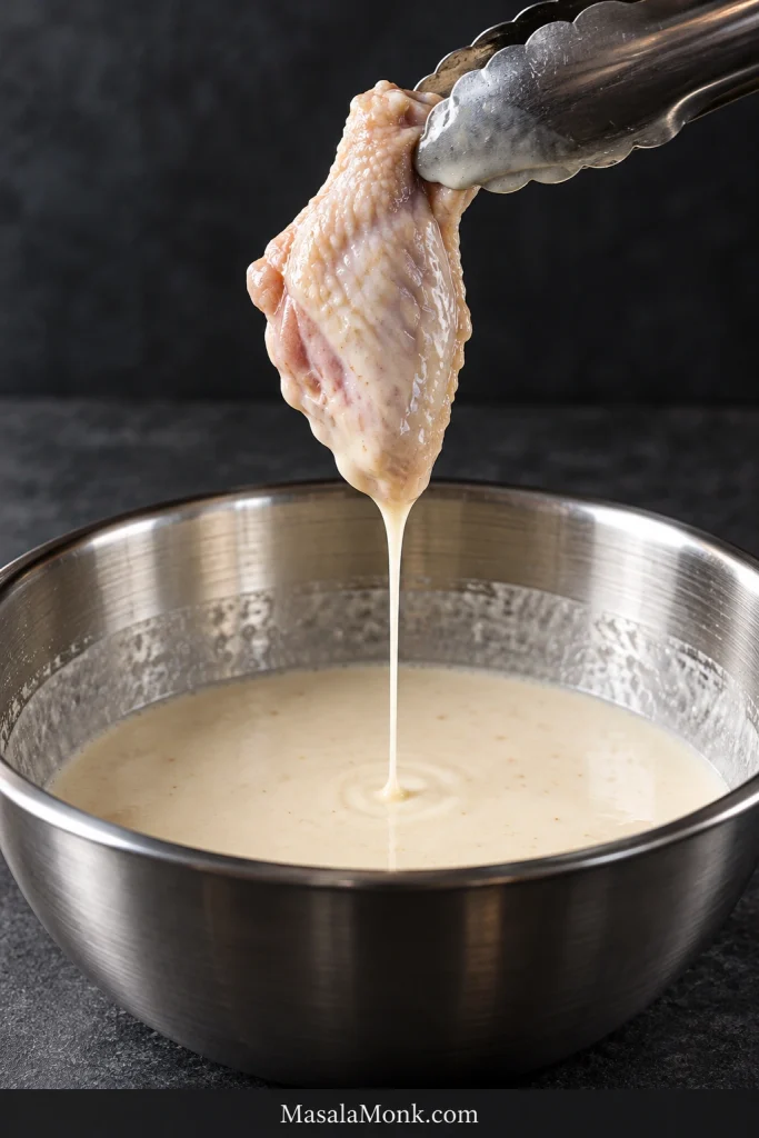 Raw chicken wing above a metal bowl with a thin pale batter film and excess batter dripping back into the bowl.