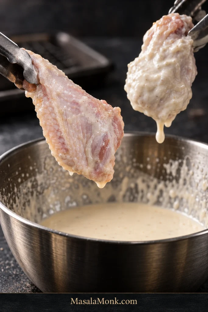Two raw chicken wings above a batter bowl, one thinly coated and the other covered in thicker opaque batter.
