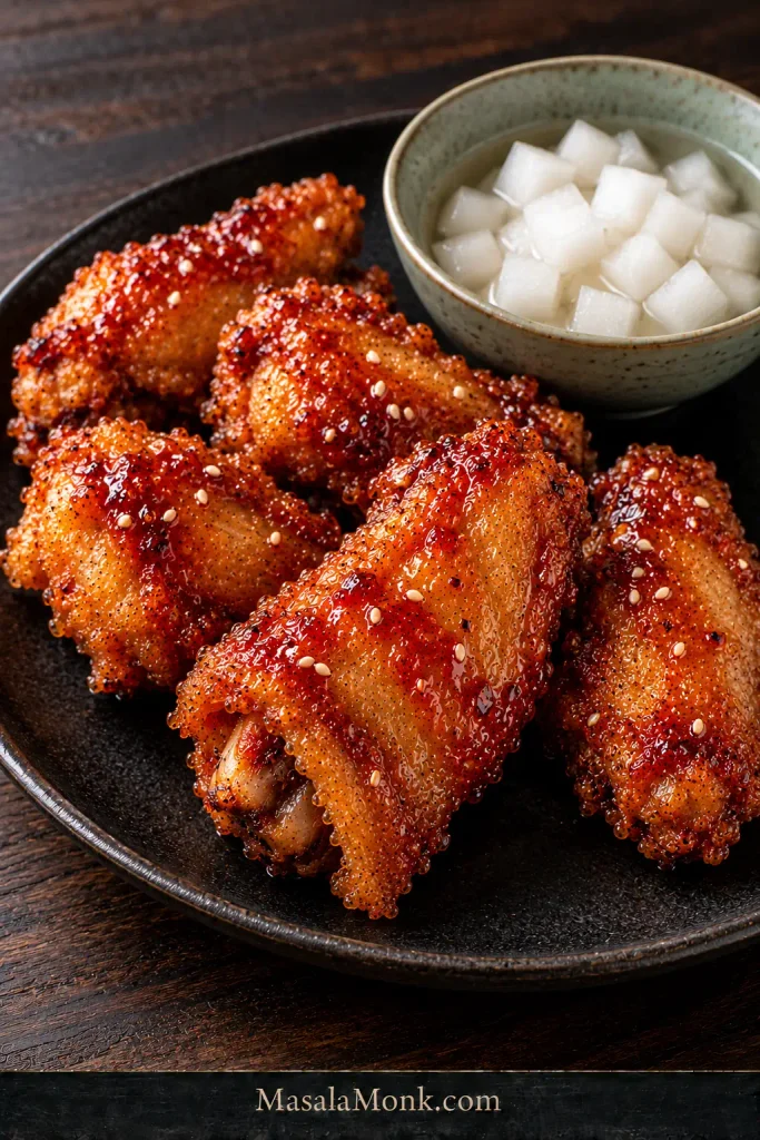Glazed Korean fried chicken on a dark plate beside a celadon bowl of white pickled radish cubes in clear brine.