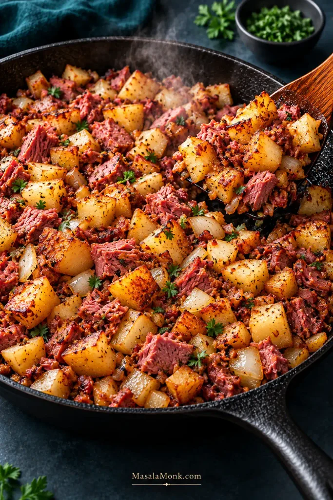 Crisp corned beef hash with browned potatoes, onions and chopped rosy corned beef being turned in a cast-iron skillet.
