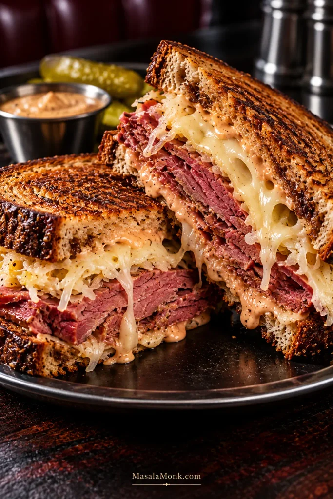 Cut Reuben sandwich filled with sliced corned beef, melted Swiss cheese, sauerkraut and dressing between crisp rye bread.